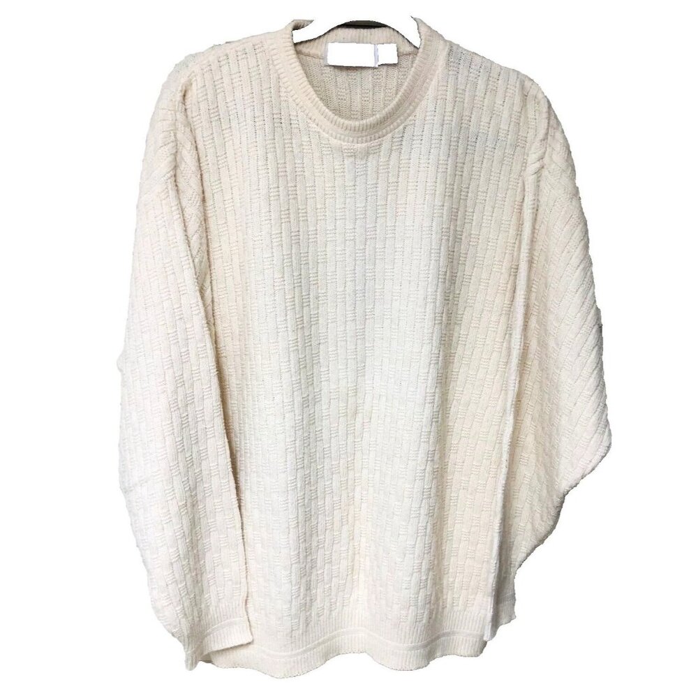VTG Bill Blass Ivory Chunky Sweater Mens XL USA Cottn Fisherman Knit Hand Framed